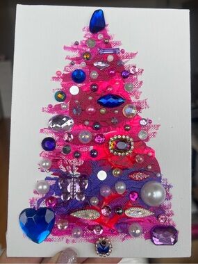 Handmade Textured Pink & Purple Christmas Tree Art – Canvas Board
